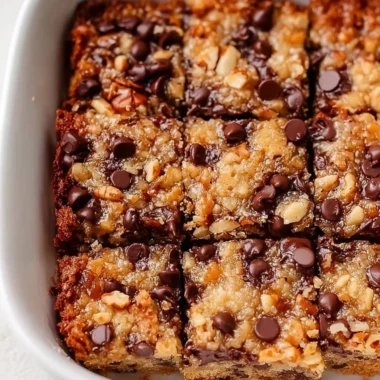 Delicious German chocolate cookie bars topped with coconut and nuts.