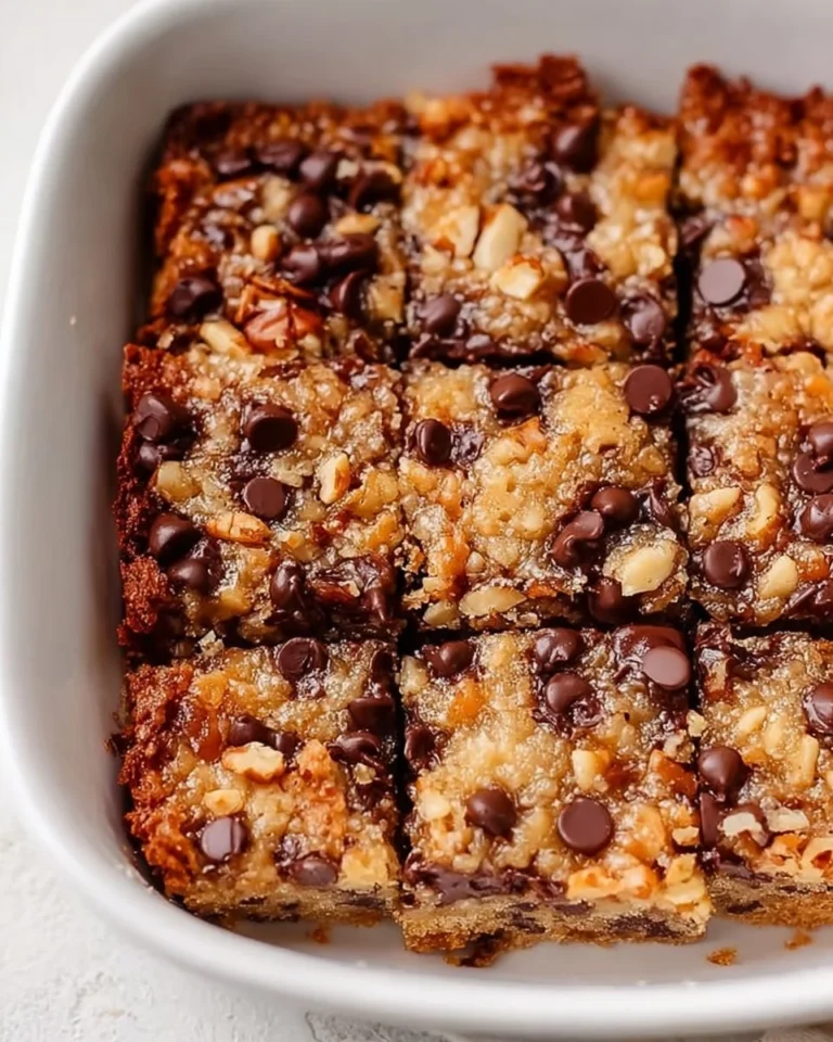 Delicious German chocolate cookie bars topped with coconut and nuts.