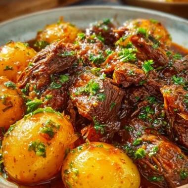 Slow cooker garlic butter beef with potatoes served in a rustic bowl