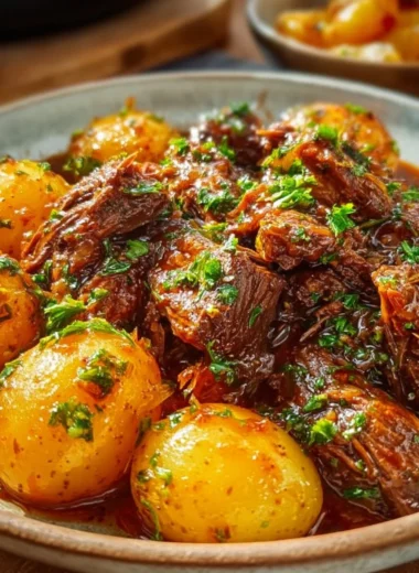Slow cooker garlic butter beef with potatoes served in a rustic bowl