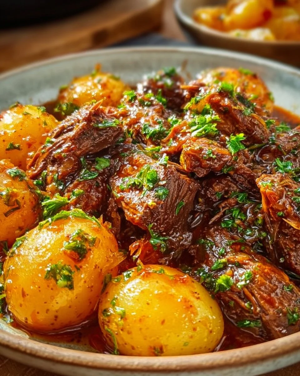 Slow cooker garlic butter beef with potatoes served in a rustic bowl