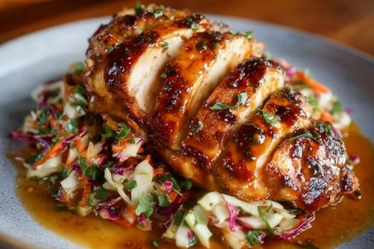 Sticky apple cider chicken served with a fresh autumn slaw