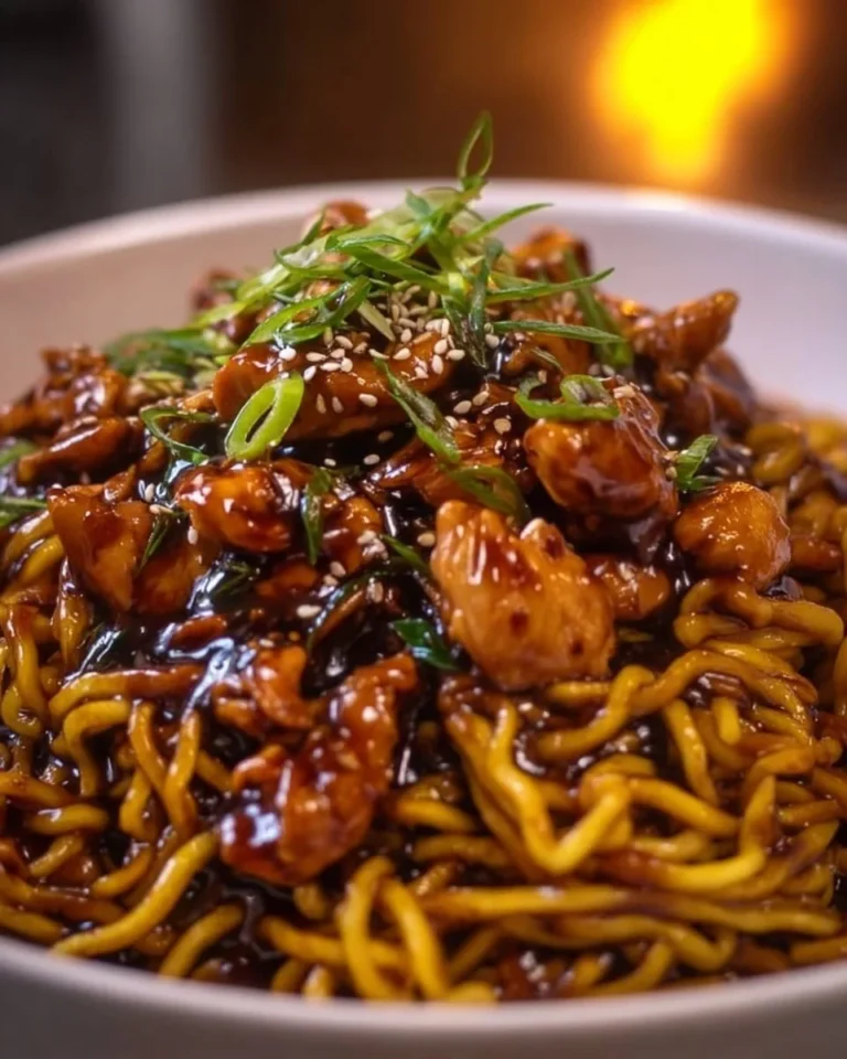 Sticky garlic chicken noodles garnished with herbs and served in a bowl.