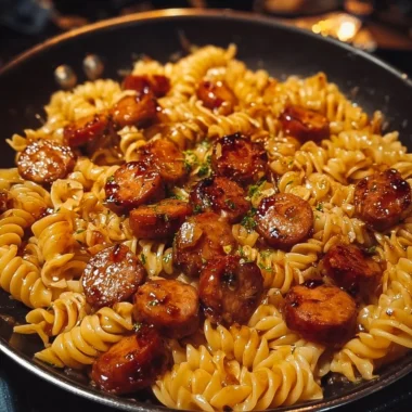 Sticky Honey Garlic Sausage Pasta Skillet served in a bowl with fresh herbs
