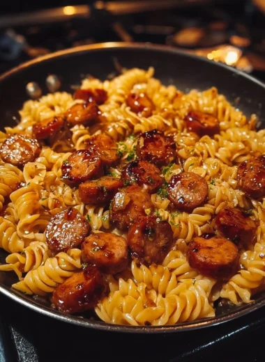 Sticky Honey Garlic Sausage Pasta Skillet served in a bowl with fresh herbs