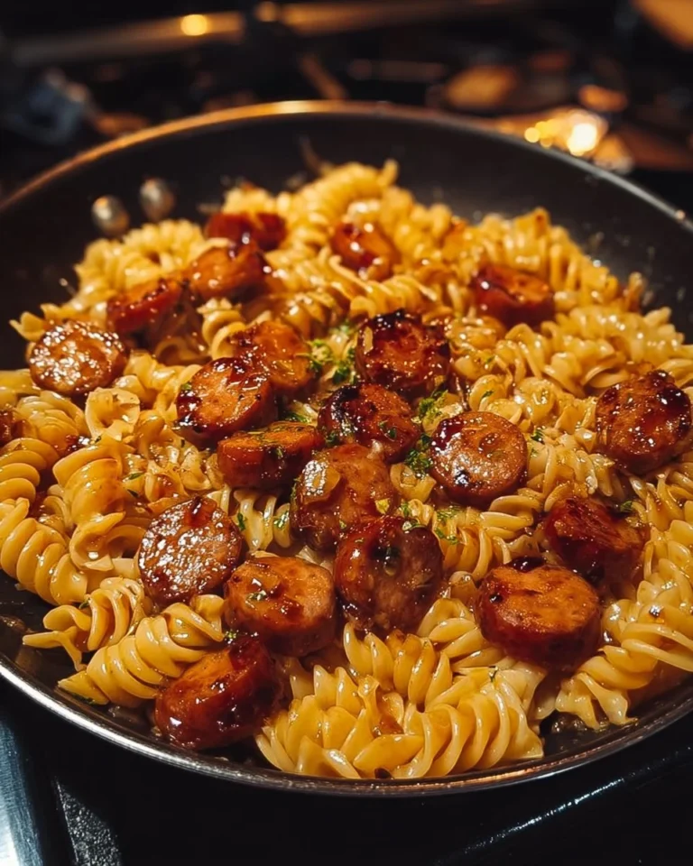 Sticky Honey Garlic Sausage Pasta Skillet served in a bowl with fresh herbs