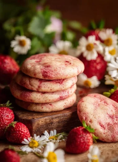Delicious strawberry cheesecake cookies with fresh strawberries and creamy filling
