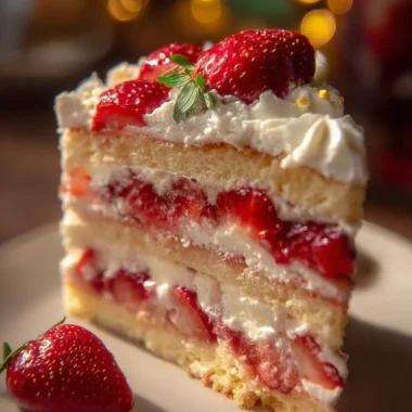 Slice of Strawberry Earthquake Cake with strawberries and chocolate drizzle