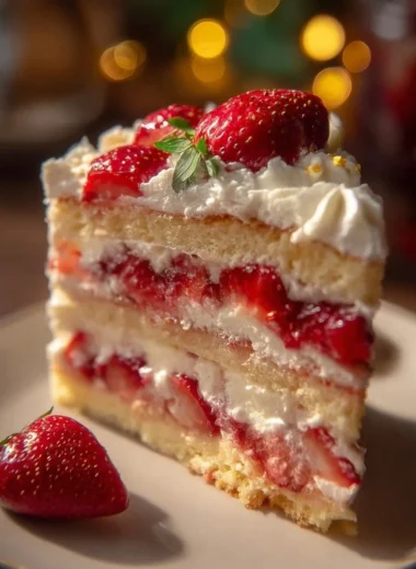 Slice of Strawberry Earthquake Cake with strawberries and chocolate drizzle