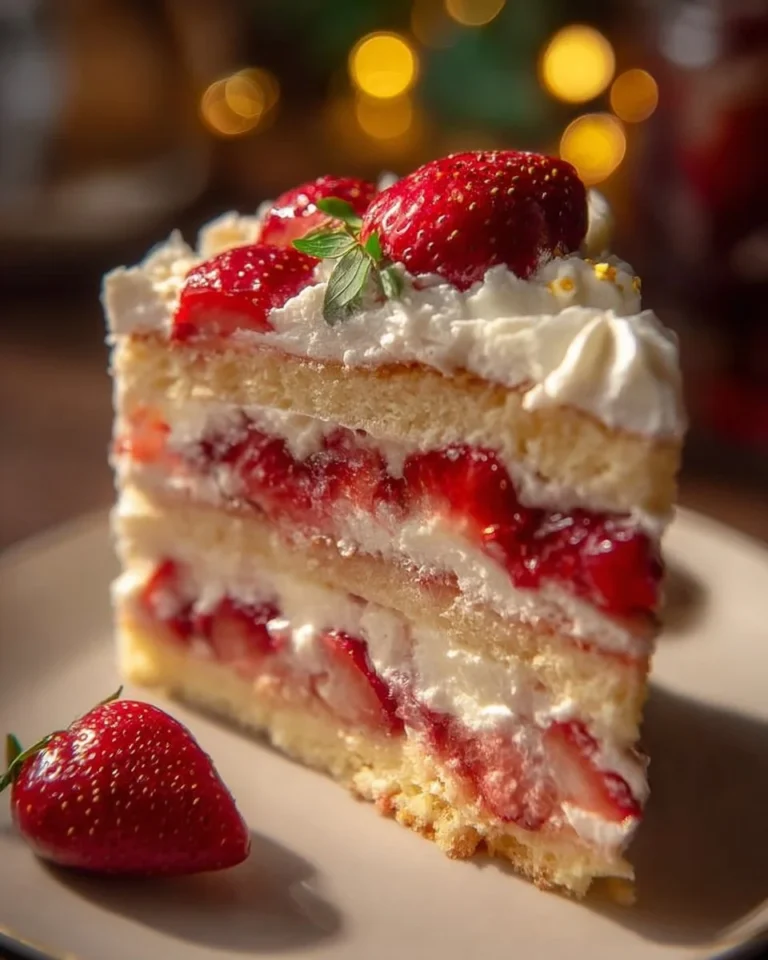 Slice of Strawberry Earthquake Cake with strawberries and chocolate drizzle