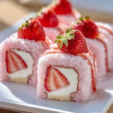 Strawberry Shortcake Cheesecake Sushi Rolls dessert on a plate