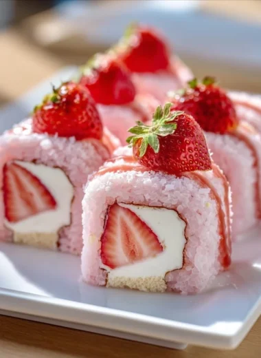 Strawberry Shortcake Cheesecake Sushi Rolls dessert on a plate
