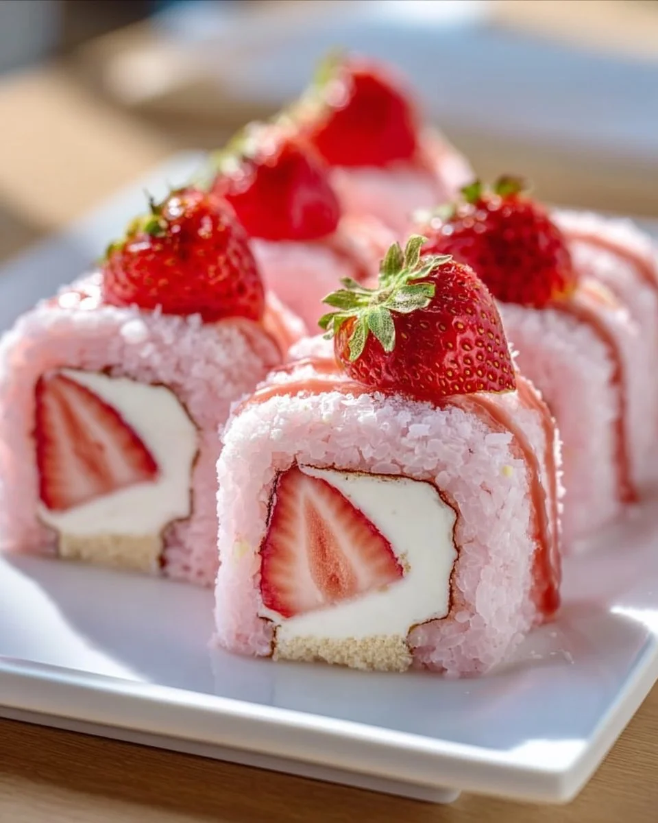 Strawberry Shortcake Cheesecake Sushi Rolls dessert on a plate