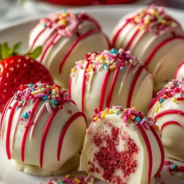 Strawberry Velvet Cheesecake Truffle Bites on a dessert plate