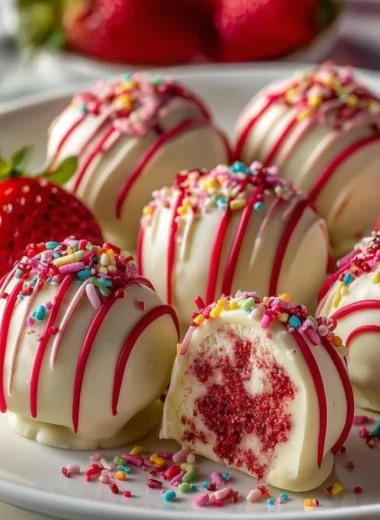 Strawberry Velvet Cheesecake Truffle Bites on a dessert plate