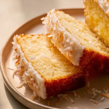 Tender Coconut Loaf Cake with a moist texture and coconut topping