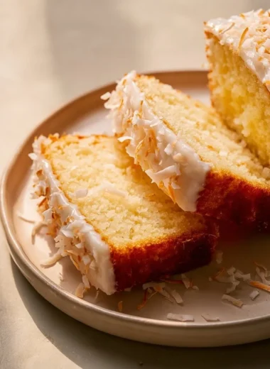Tender Coconut Loaf Cake with a moist texture and coconut topping