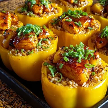 Teriyaki pineapple chicken and rice stuffed peppers on a plate