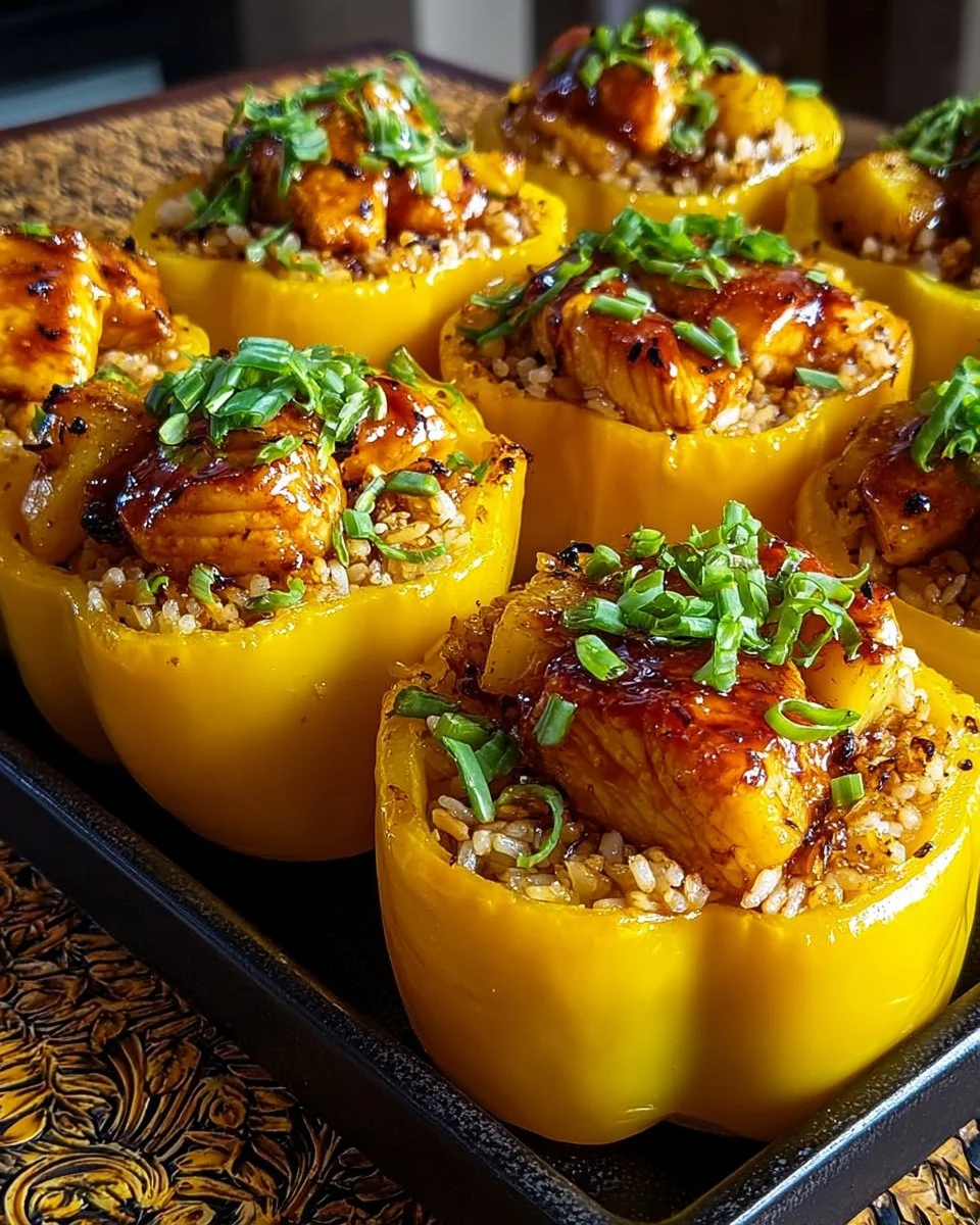 Teriyaki pineapple chicken and rice stuffed peppers on a plate