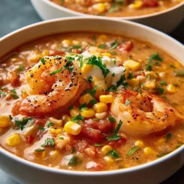 Bowl of creamy seafood chili garnished with shrimp and herbs
