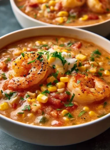 Bowl of creamy seafood chili garnished with shrimp and herbs