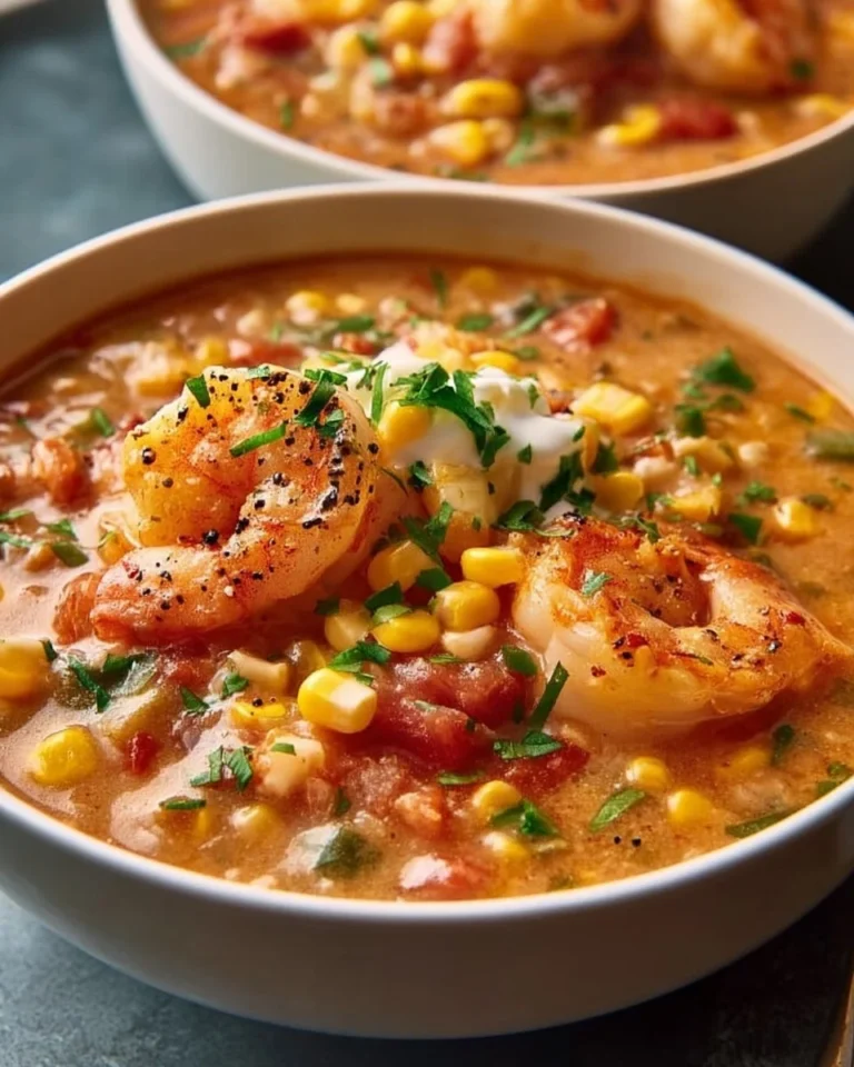 Bowl of creamy seafood chili garnished with shrimp and herbs