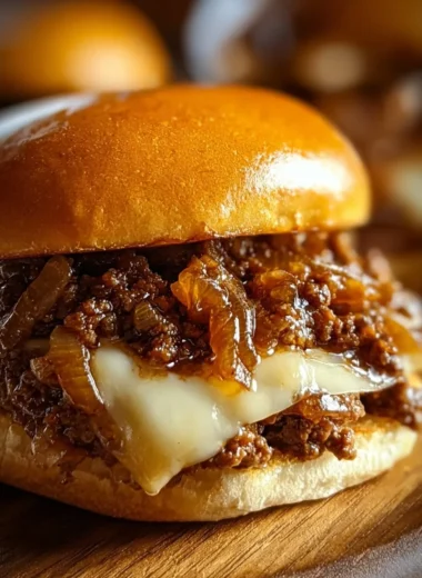 Delicious French onion beef sloppy joes served on a bun with melted cheese