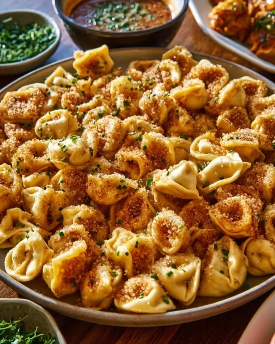 Plate of crispy tortellini poppers garnished with herbs