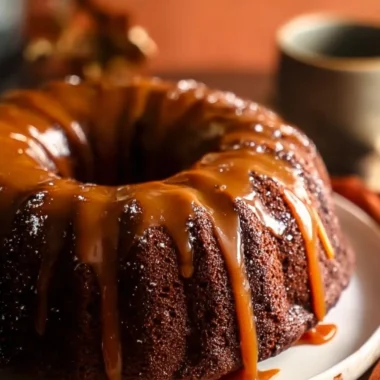 Ultimate Guinness Chocolate Cake topped with salted caramel drizzles