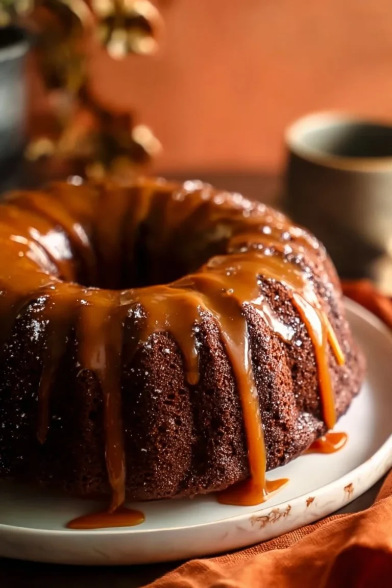 Ultimate Guinness Chocolate Cake topped with salted caramel drizzles