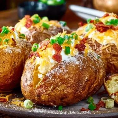 Perfectly baked potato with toppings on a plate