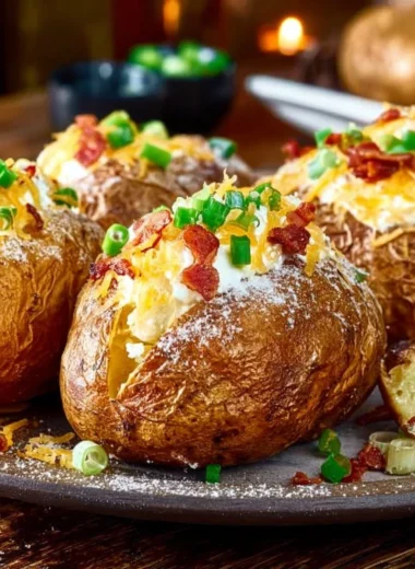 Perfectly baked potato with toppings on a plate