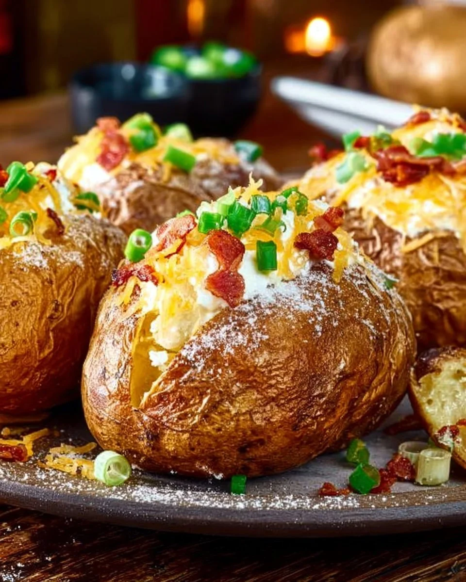 Perfectly baked potato with toppings on a plate