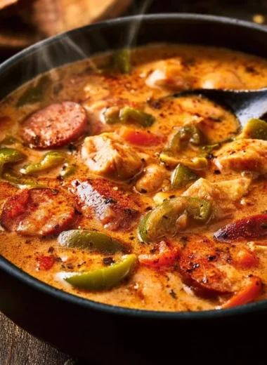 Bowl of Cajun White Chicken Chili with chicken, beans, and spices.
