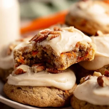 Delicious carrot cake cookies with cream cheese frosting on a plate.
