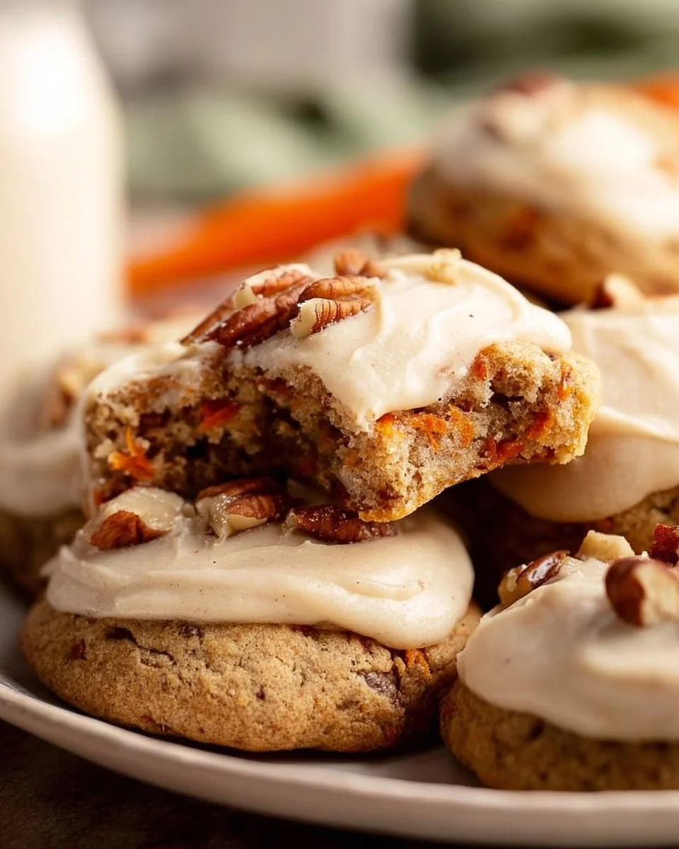 Delicious carrot cake cookies with cream cheese frosting on a plate.
