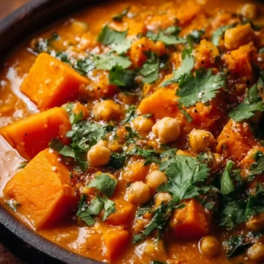 A warm bowl of Chickpea Vindaloo garnished with herbs and spices.