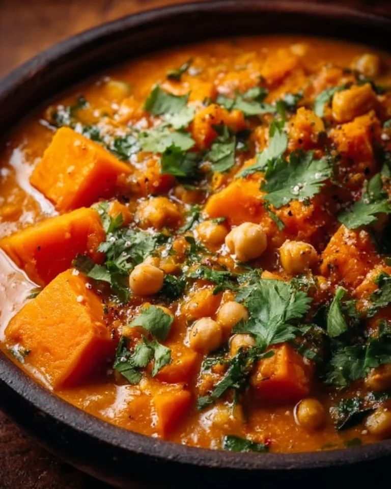 A warm bowl of Chickpea Vindaloo garnished with herbs and spices.