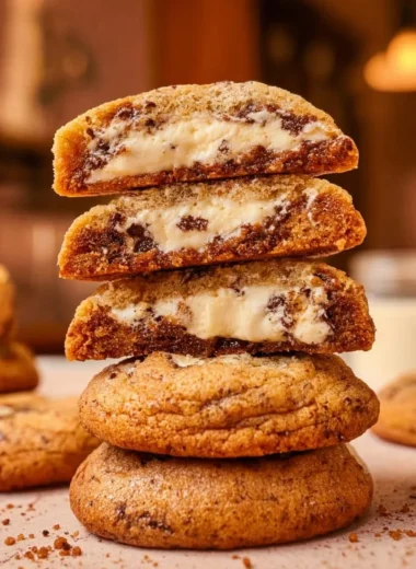 Delicious Churro Cheesecake Cookies topped with cinnamon sugar and cheesecake filling.