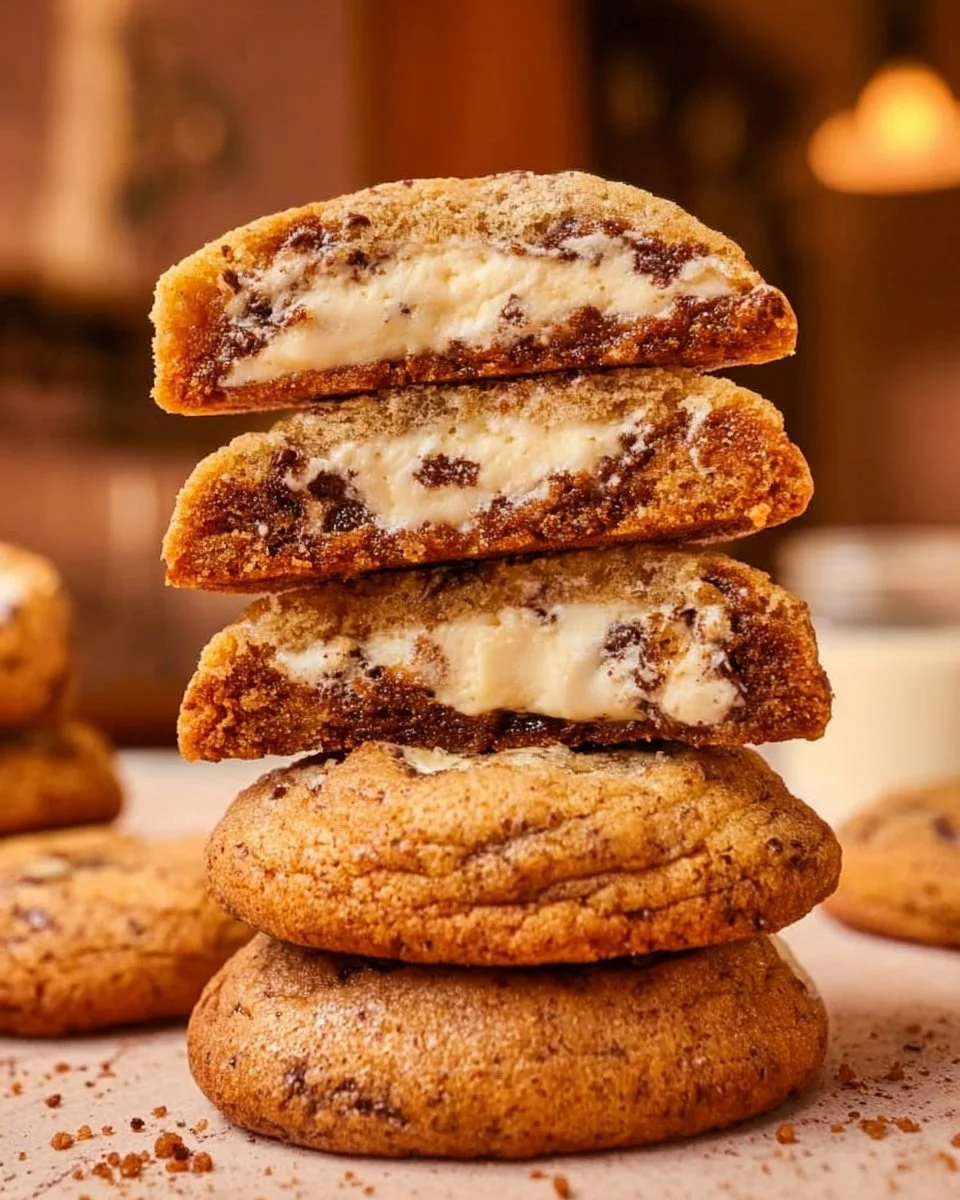 Delicious Churro Cheesecake Cookies topped with cinnamon sugar and cheesecake filling.