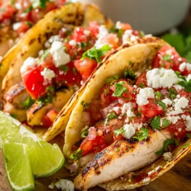 Cilantro lime grilled chicken tacos served with fresh toppings and lime wedges