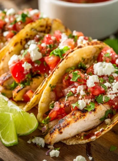 Cilantro lime grilled chicken tacos served with fresh toppings and lime wedges