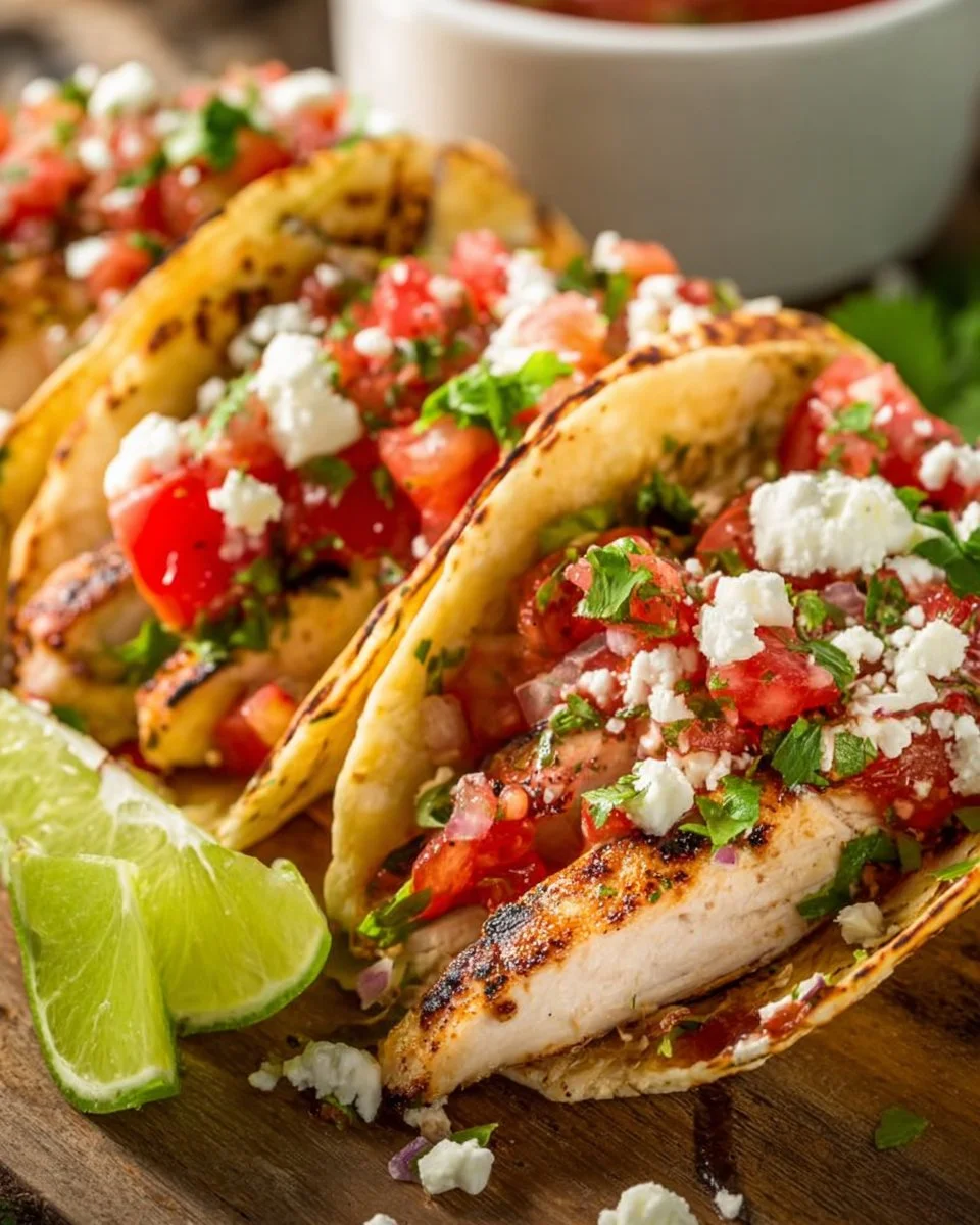 Cilantro lime grilled chicken tacos served with fresh toppings and lime wedges