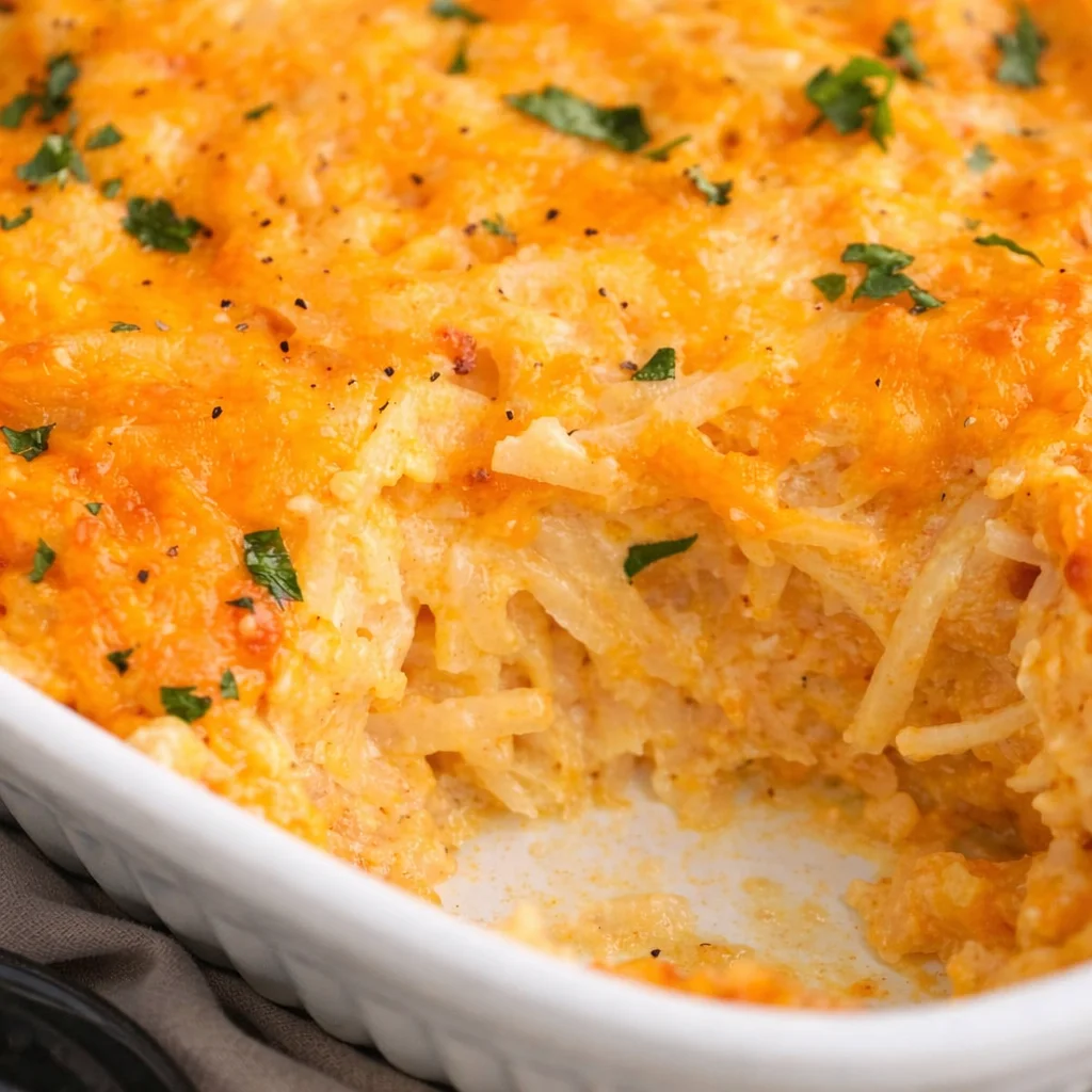 Delicious Golden-Brown Hashbrown Casserole Topped with Melted Cheese and Chives
