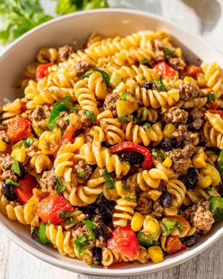 Colorful Cowboy Pasta Salad with fresh vegetables and dressing in a bowl