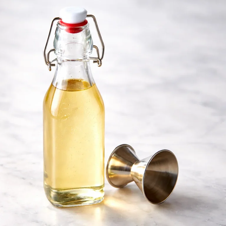 Bottle of homemade simple syrup with sugar and water ingredients.