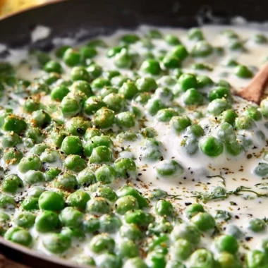 Dish of delicious creamed peas served as a side, showcasing creamy texture and vibrant color.