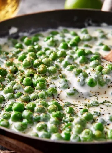 Dish of delicious creamed peas served as a side, showcasing creamy texture and vibrant color.
