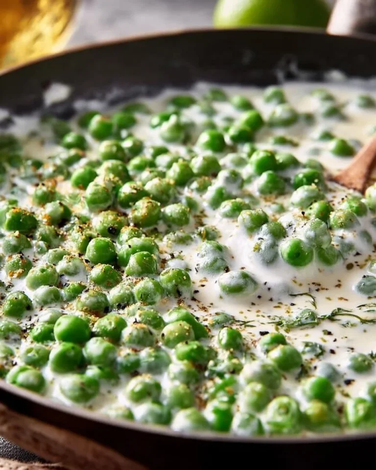 Dish of delicious creamed peas served as a side, showcasing creamy texture and vibrant color.