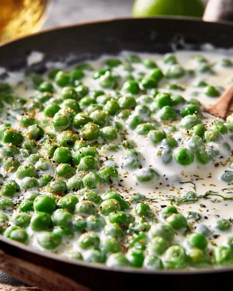 Dish of delicious creamed peas served as a side, showcasing creamy texture and vibrant color.